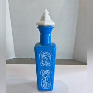 Vintage Jim Beam Decorative Blue & White Milk Glass Whiskey Decanter & Lid